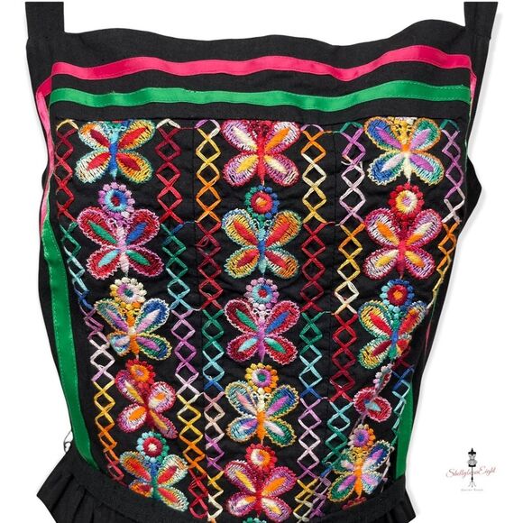 VINTAGE 70s 80s Embroidered BUTTERFLIES Folk Art Peasant Sun Dress Boho 8 10 M - Picture 2 of 16